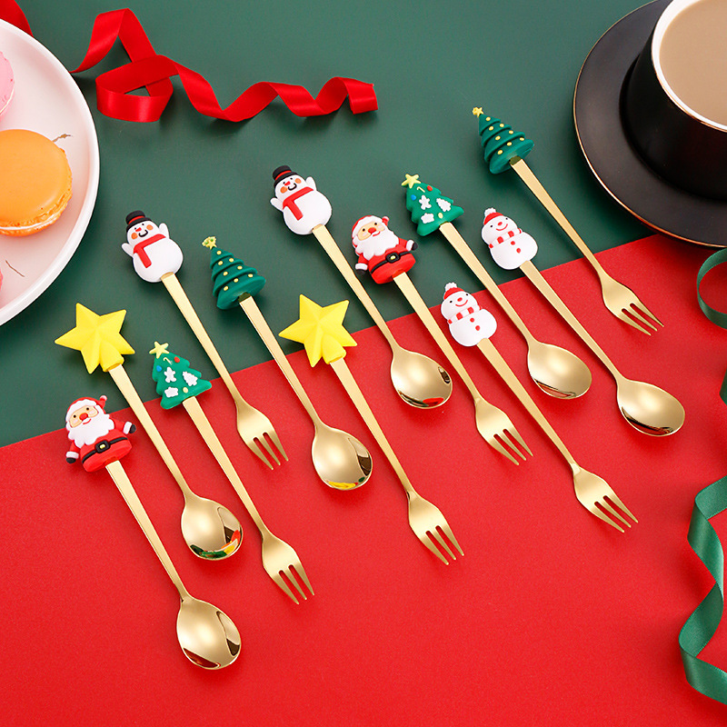 Cuchilleras de acero inoxidable transfronterizas muñecas de Navidad cucharas y tenedores juegos de regalo de café cucharas de postre horquilla de fruta pastel image 5