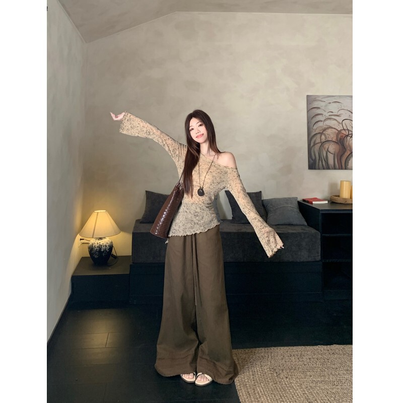 Korean Style Spicy Girl One-Shoulder Irregular Long-Sleeve Knit Top Drawstring Casual Pants Women's 2026 Spring New Fashion Set