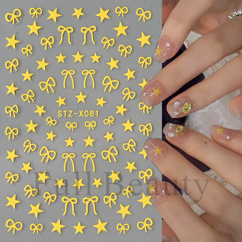 FULL BEAUTY跨境货源美甲贴纸甜美黄色五角星迷你蝴蝶结美甲贴纸|undefined