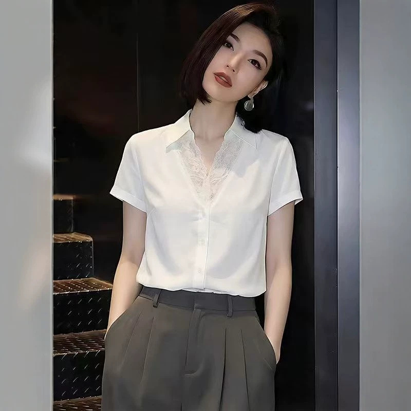 Áo sơ mi nữ ren ghép trắng cổ ve thiết kế dáng suông — trắng chi tiết 1