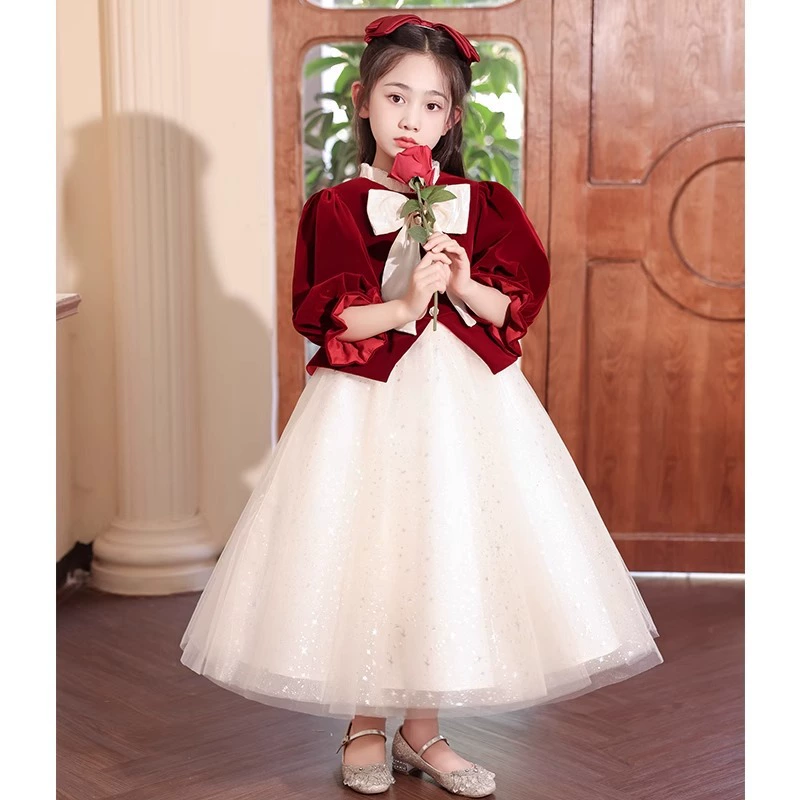 Красное вечернее платье для девочек, элитное платье принцессы для ведущих, платье для выступлений на сцене и фортепиано, детская юбка-пачка для лета