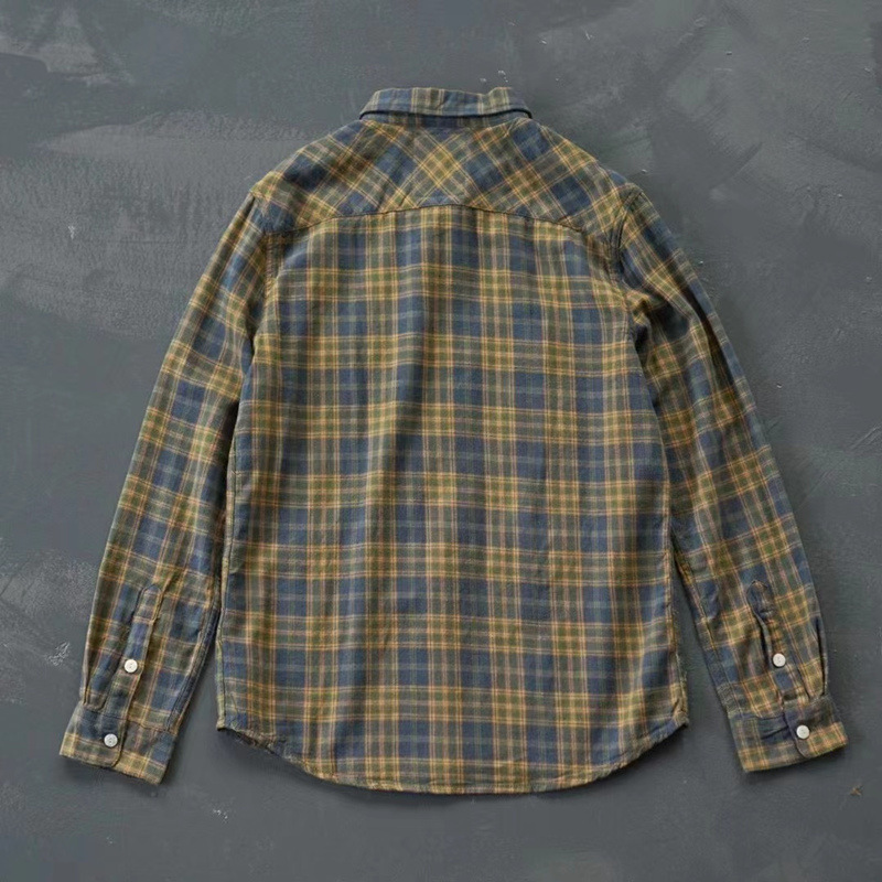 Autumn Pure Cotton Brushed Plaid Shirt for Men, Japanese Retro Artistic Casual Pastoral Style Flannel Long-Sleeve Shirt Autumn Pure Cotton Brushed Plaid Shirt for Men, Japanese Retro Artistic Casual Pastoral Style Flannel Long-Sleeve Shirt
