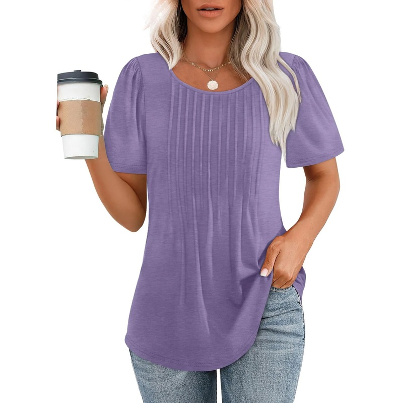 2025 アマゾン貿易ルーズヨーロッパとアメリカの新しいスタイルのプリーツラウンドネック半袖 Tシャツレディーストップストリップ無地婦人服|undefined