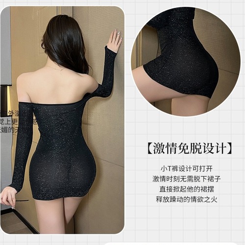 Transparent elastic shiny silk night club short dress set low-cut high elasticity sexy lingerie tight bodysuit uniform temptation