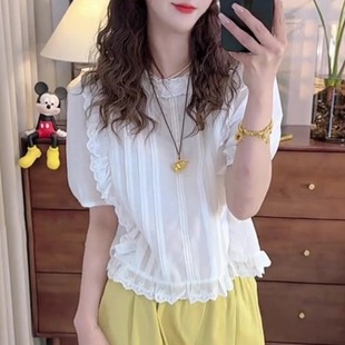 Plus Size Women's French Sweet Puff Sleeve Top Women's White Edge Short-Sleeved Chiffon Shirt Summer Shirt Versatile
