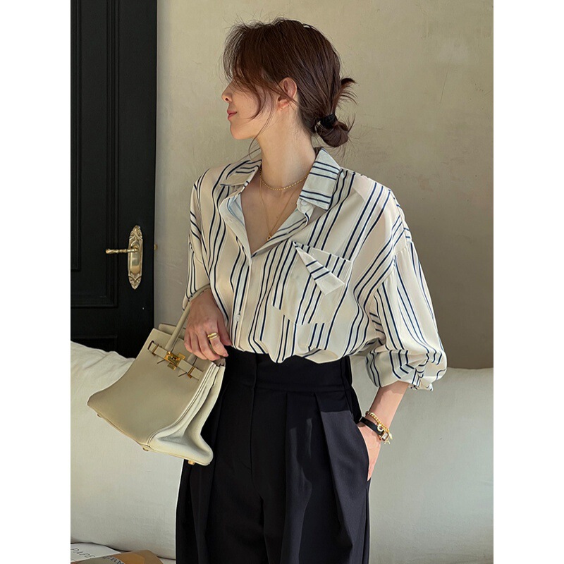 Foreign Trade Women's Wear Elaborate South Korea Dongdaemun Irregular Striped Shirt Shoulder Sleeve Loose Long Sleeve Korean Style
