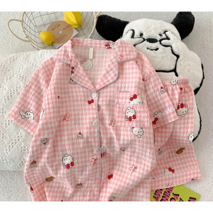 Comercio exterior transfronterizo al por mayor pantalones cortos de mangas cortas nubes pijamas de algodón de verano cardigan con solapa dibujos animados en línea set de ropa para el hogar