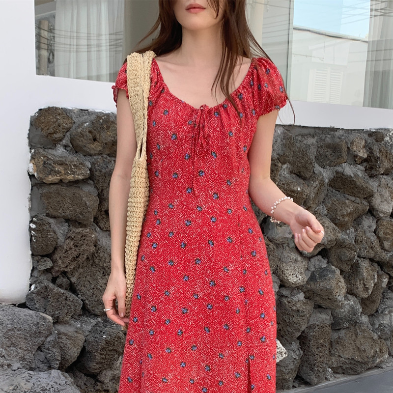Korean Chic French Retro Floral Dress Women's Summer New Slimming Look Side Slit Tea Break Long Skirt
