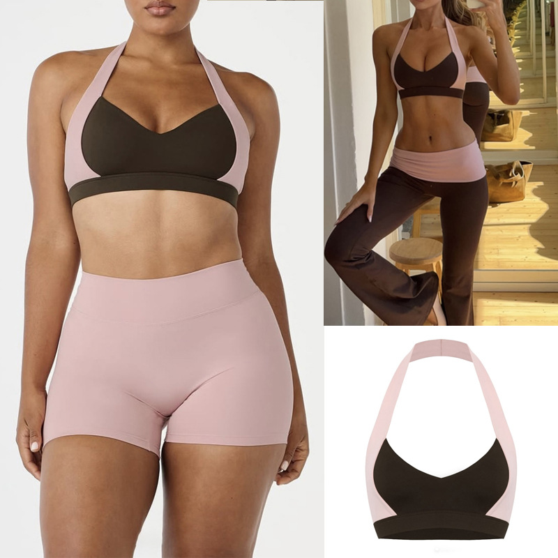 European and American cross-border yoga set for women, featuring a supportive sports bra and high-waisted, seamless athletic shorts