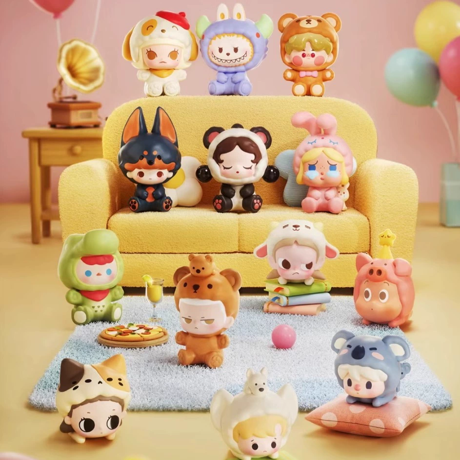 Blind box collectible figures (Pop Mart), assorted mini vinyl toys, pajama & flocked series