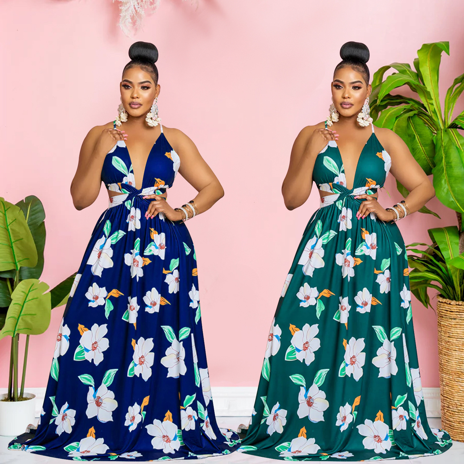 C6302 Aliexpress transfronterizo Amazon Europa y América de moda de mujer flor impresa sin mangas vestido largo