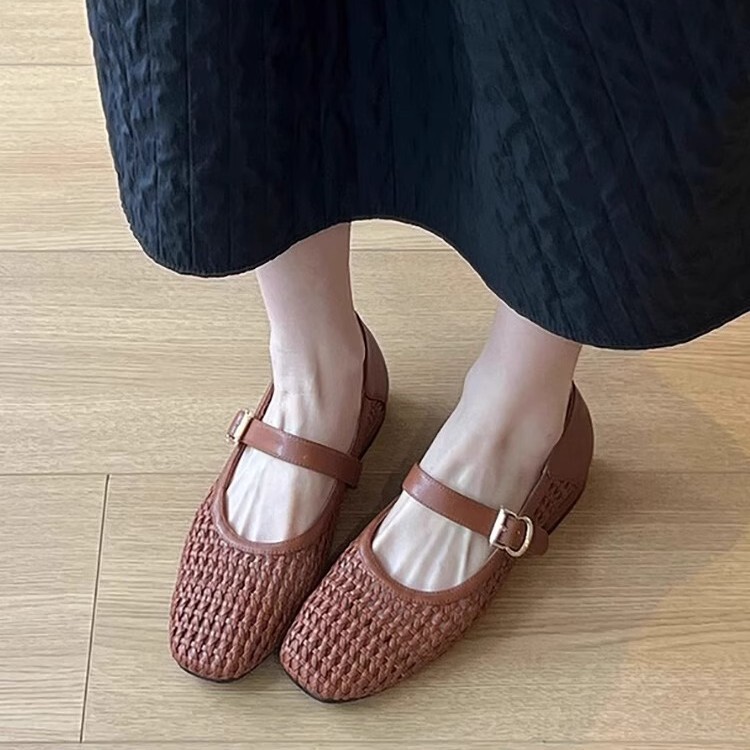 シープスキンバージョン~ニッチレトロ中空織りワンストラップシューズ女性用2025夏新作フラットメリージェーンシューズ|undefined