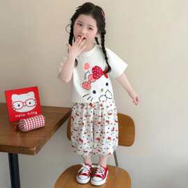 女童猫咪满印套装夏季2026新款儿童时髦短袖夏装宝宝防蚊裤两件套