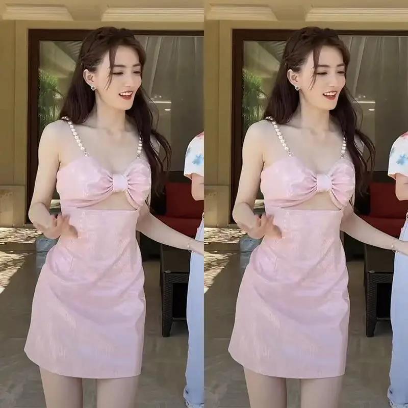 In stock Xu Lu star same style pink sequined pearl shoulder strap short suspender skirt slim-fit word holiday dress