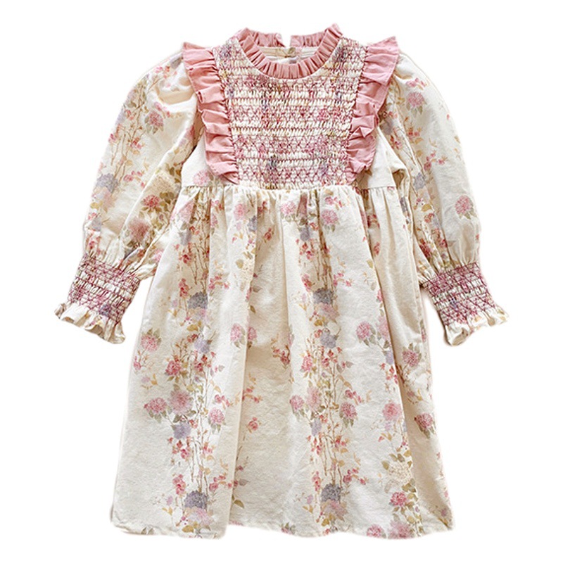Estilo francés collar de pie de manga larga vestido de niña 2024 otoño estilo coreano floral temperamento niños princesa vestido al por mayor