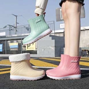Rain Boots women's short fleece-lined warm rain boots adult fashion women's waterproof shoes kitchen work rubber shoes non-slip overshoes