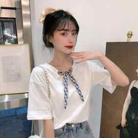 夏季2022年新款小众设计感短袖女花纹绑带t恤衫学生韩版宽松辣妹