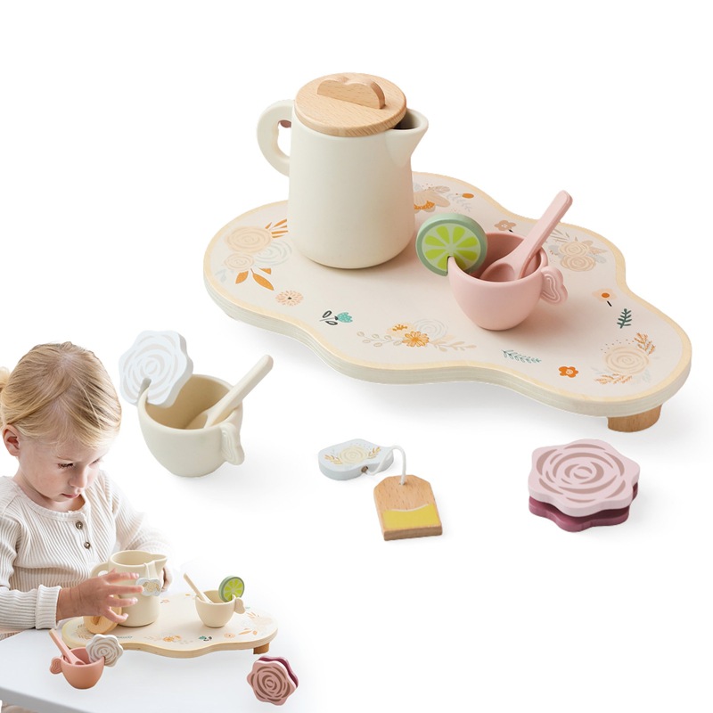Juguetes de educación temprana de madera transfronteriza Tetera de juegos para bebés Simulación para el hogar Juguetes de cocina Té de la tarde Juego de postres