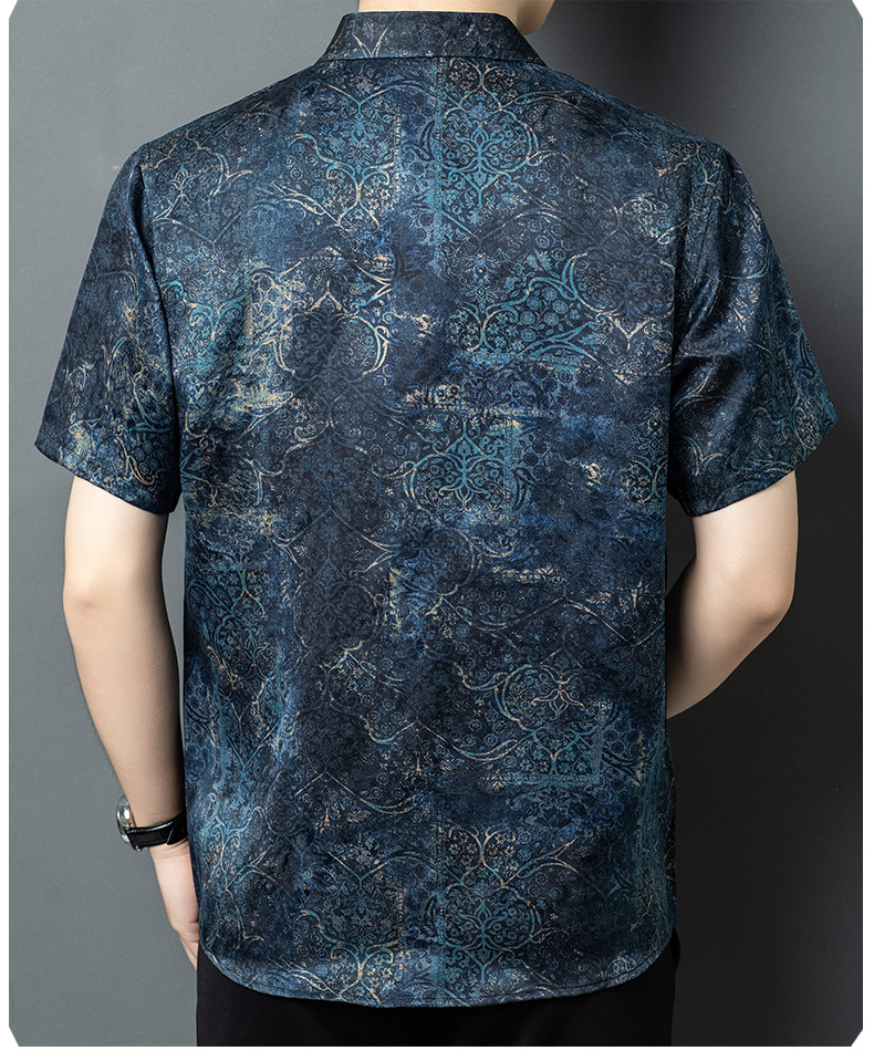 Áo sơ mi nam ngắn tay lụa Tang Silk phong cách Trung Hoa họa tiết vân sa — Xanh da trời26651 chi tiết 12
