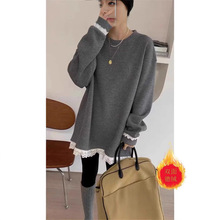 秋冬季宽松大码磨毛德绒蕾丝花边休闲中长款长袖T恤女打底衫上衣