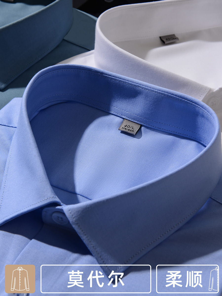 Lanjing Tencel modal no planchar camisa blanca manga larga de los hombres de color sólido estiramiento de los hombres de negocios camisa blanca delgada