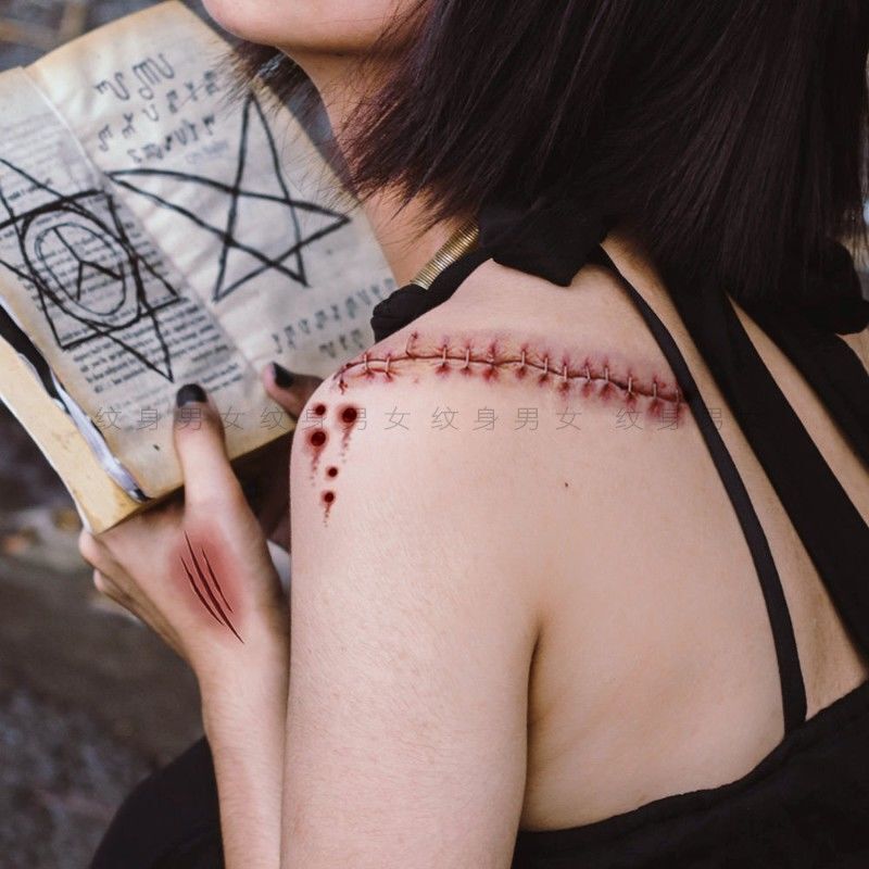 Halloween Tattoo Sticker Waterproof Women's Lasting Horror Surgical Scar Sew Needle Simulation Prank Fake Injured Mouth Scratch
