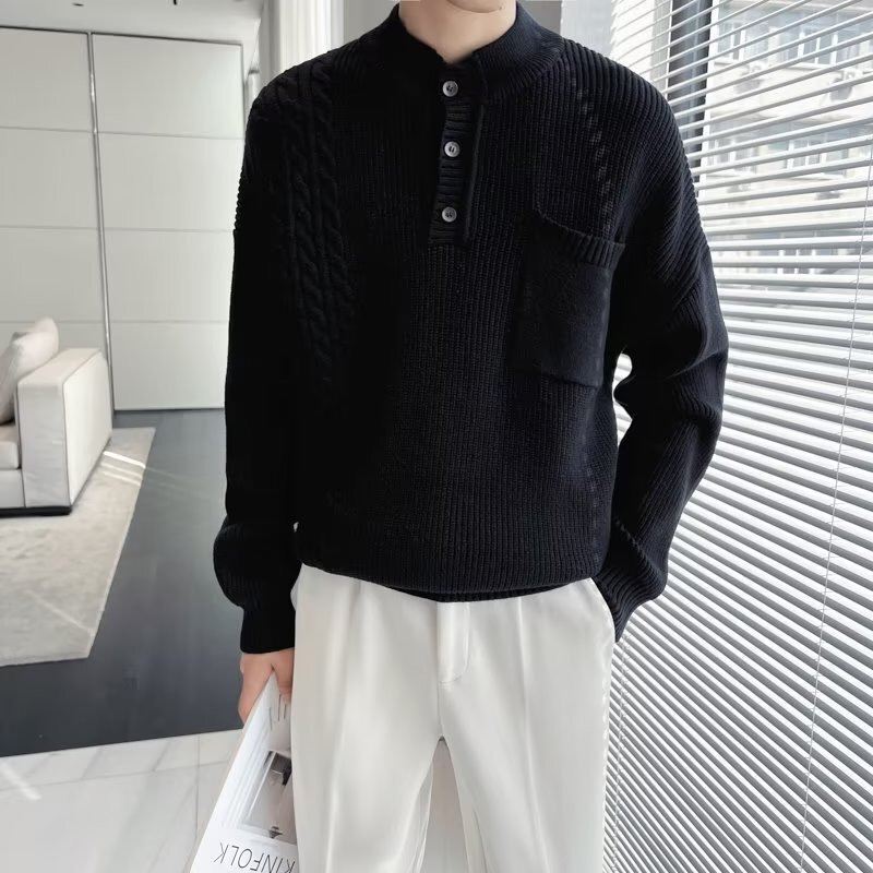 Half turtleneck sweater men's design popular knitted twisted thickened loose bottoming shirt lazy style ins fashion top