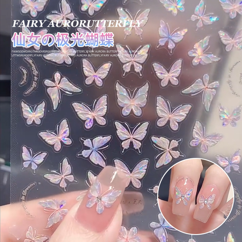 Shell Polarized Butterfly Nail Stickers Trendy Embossed Adhesive Popular Fairy 3D Butterfly Wearable Nail Stickers