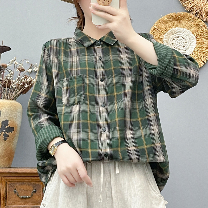 Double-layer cotton gauze long-sleeve plaid shirt for women, vintage and artistic style, two-tone yarn-dyed pure cotton, soft and skin-friendly, loose-fitting shirt Double-layer cotton gauze long-sleeve plaid shirt for women, vintage and artistic style, two-tone yarn-dyed pure cotton, soft and skin-friendly, loose-fitting shirt