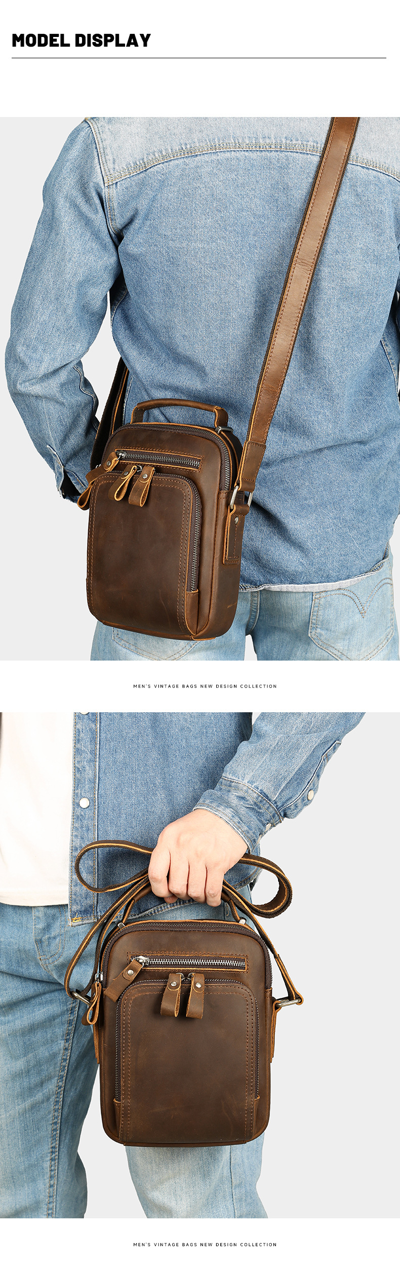 Túi đeo chéo nam da bò vintage phong cách retro châu Âu, thiết kế đơn giản đa năng — Kèn da ngựa điên màu nâu, Da ngựa điên màu nâu size lớn, Da ngựa điên màu nâu sẫm size nhỏ chi tiết 4