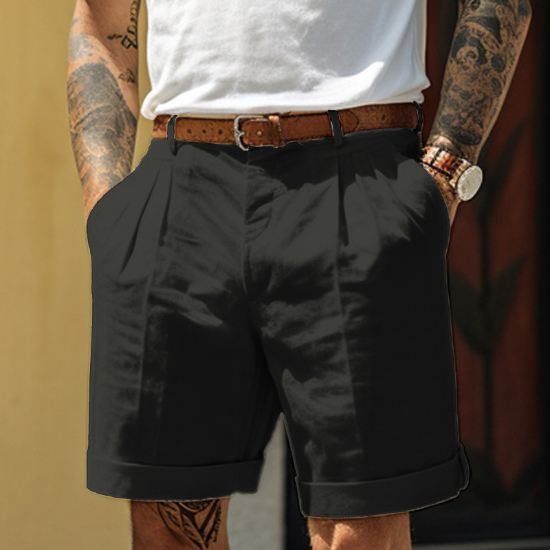 Herrkläder Herrshorts Linneshorts Sommarshorts Plisserade shorts Fickveckade raka ben Vanligt bekvämt kort semester som andas_voghion.com