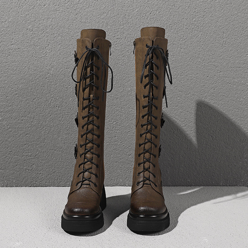 Boot nữ cổ cao dây buộc phong cách cổ điển, gót 10 cm — Nhung kaki đậm chi tiết 8