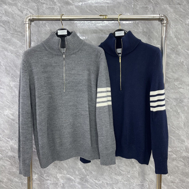 Cross-Border Tb Sweater Classic Four-Bar Stripesd Half-Zip Woolen Sweater Warm, Skin-Friendly, Comfortable, Casual and Simple Sweater