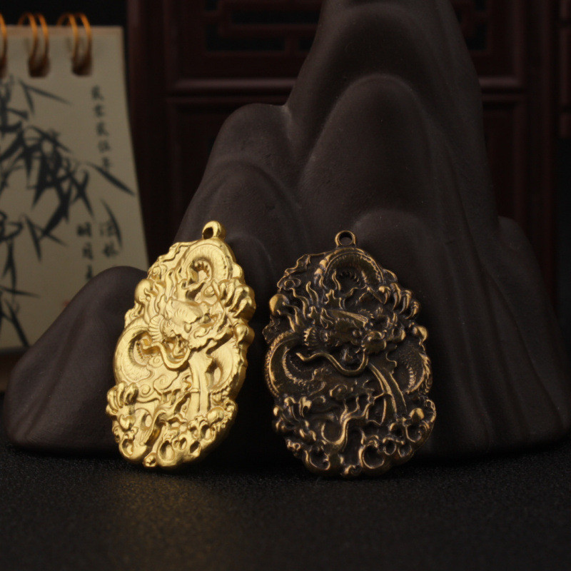 Brass Zodiac Dragon Pendant Keychain Copper Dragon Pendant Flying Dragon Men's Vintage Tag Vintage Handle Piece