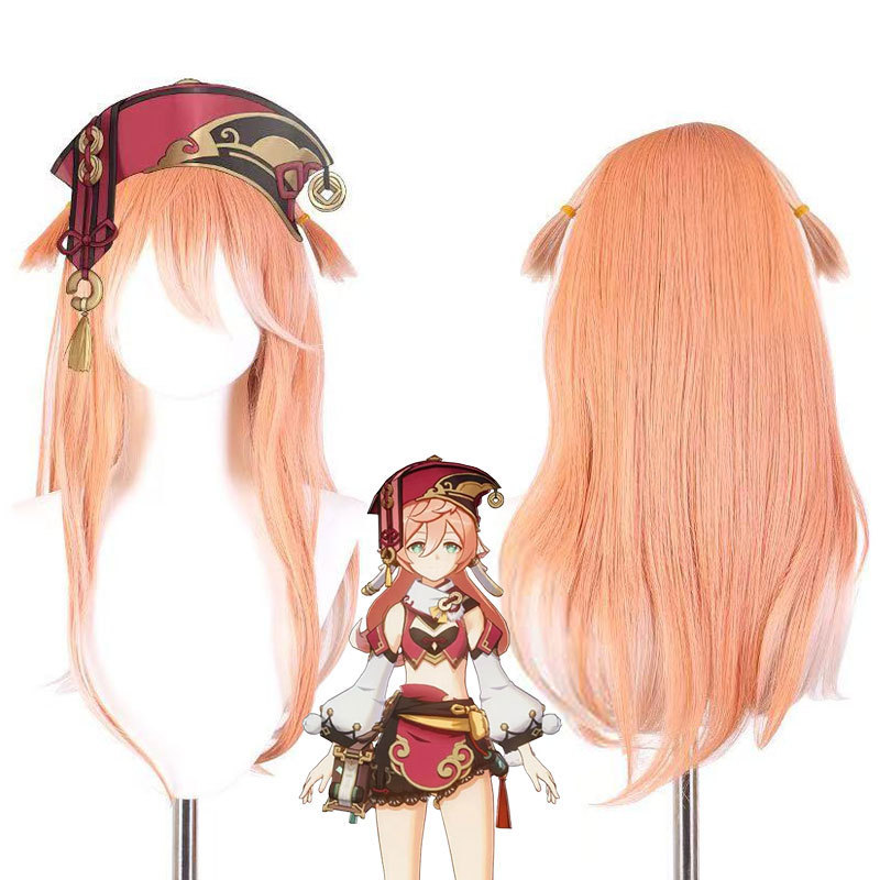 Genshin Impact Yanfei cosplay pariki, narıncı-çəhrayı uzun düz saç