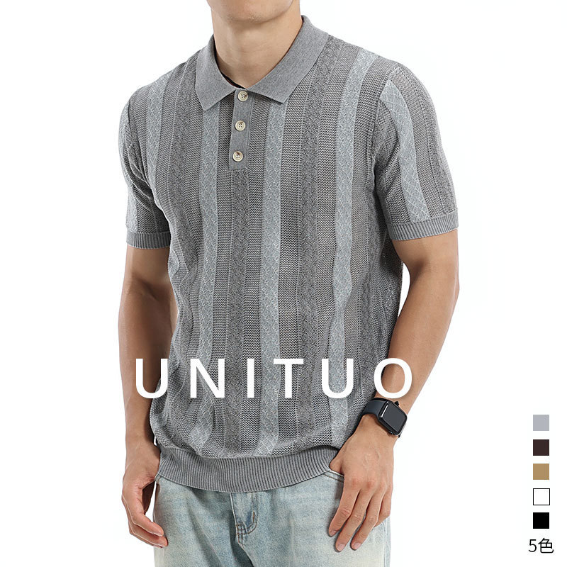 European and American Style Men's Ice Silk Knitted Short-Sleeved Polo Shirt Short-Sleeved Jacquard Striped Lapel Top Business Casual Men's Clothing
