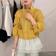 韩系立领拉链长袖防晒衣薄外套女2025春夏款简约宽松显瘦棉麻上衣