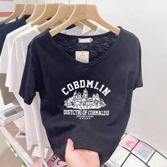 Slub Cotton V-neck Short-sleeved T-shirt Women's Loose Casual Fashion All-match White Top Cotton Thin Summer