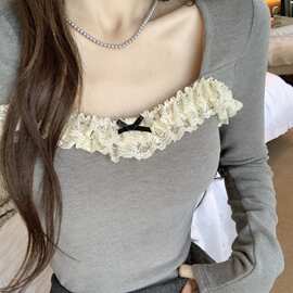 小香风打底衫女加厚款秋冬季长袖蝴蝶结蕾丝拼接上衣短款修身