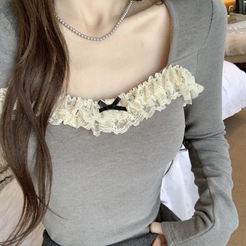 Chanel-Style Base Shirt for Women, Thickened Version for Autumn and Winter, Long-Sleeve with Bow Lace Splicing, Short and Slim Fit