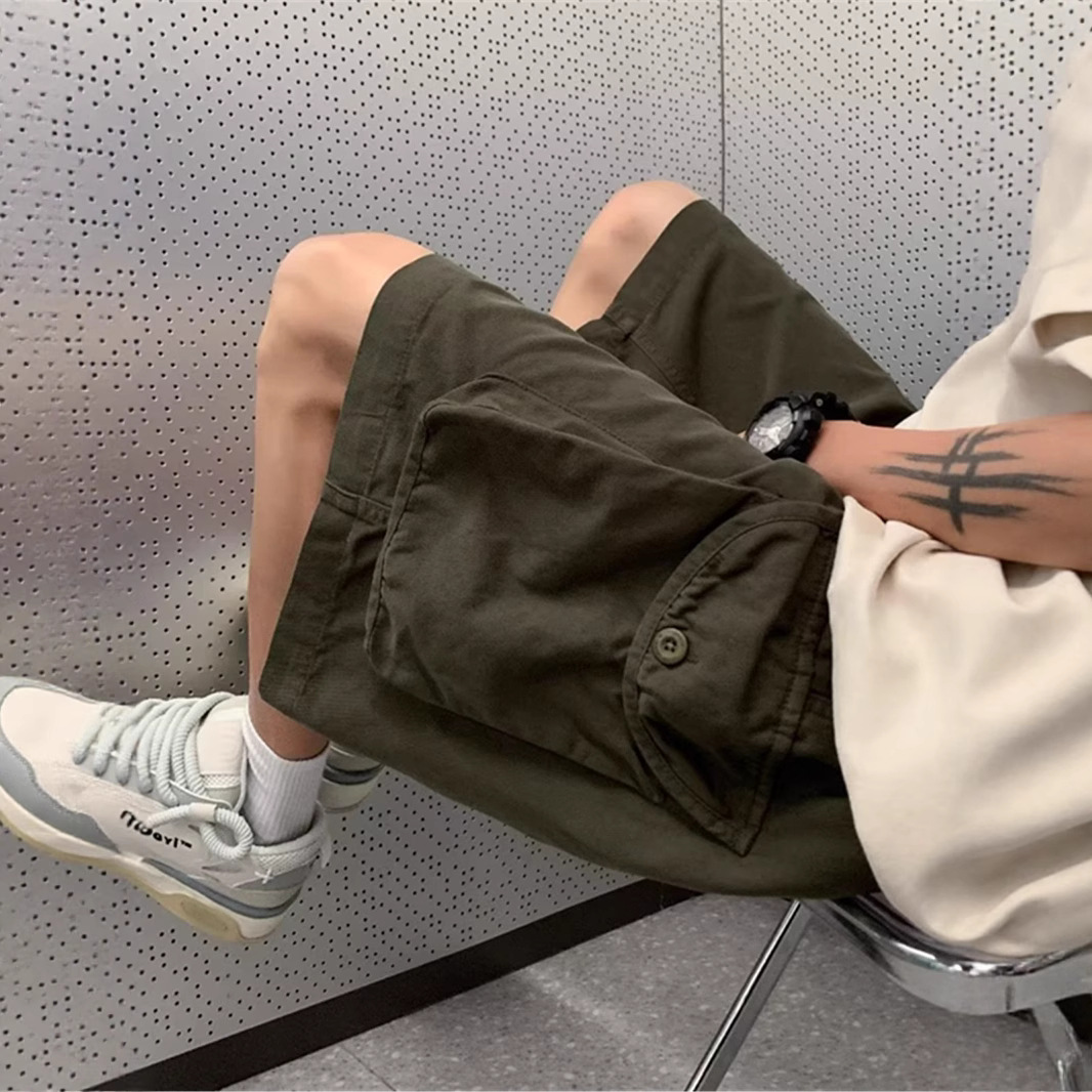 Pure Cotton Multi-Pocket Cargo Shorts for Men, Casual Retro Trendy Straight Mid-Length Versatile Wide-Leg Harem Shorts