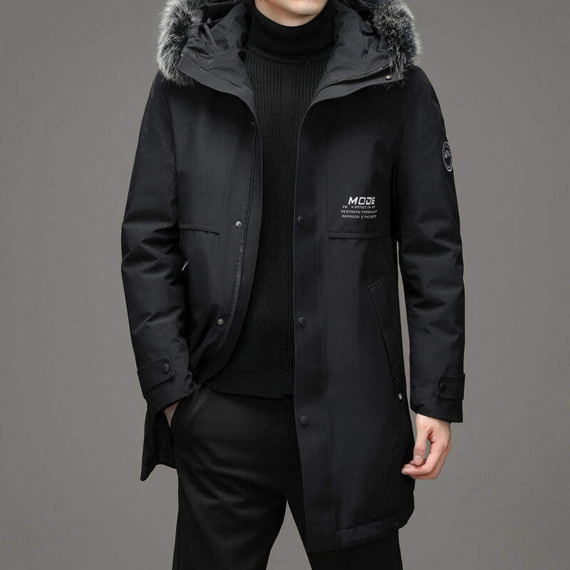 Una pieza de entrega de los hombres abajo chaqueta caliente a prueba de viento de conejo Rex Cuello de piel de media longitud de papá abajo chaqueta de los hombres abrigo