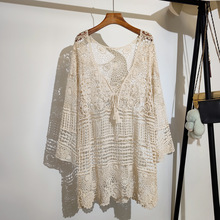 勾花镂空针织衫女新款波西米亚度假风中长款抽绳系带上衣罩衫1905