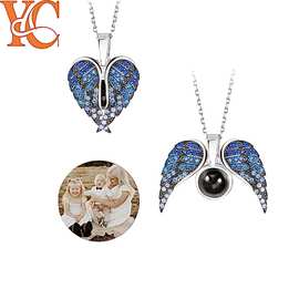 S925纯银100种语言我爱你天使之翼投影项链心形翅膀吊坠定制图片