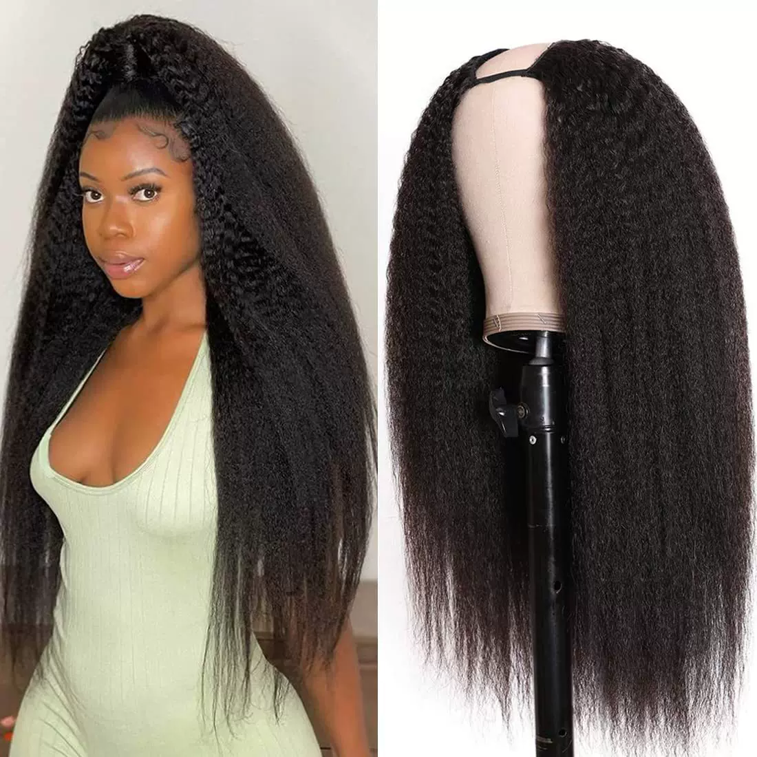 UPartWigKinkyStraightHumanHair真人假发机制U型头套可烫染假发