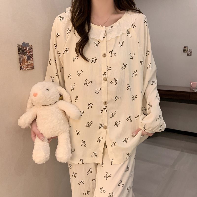 Al por mayor transfronterizo primavera y otoño nuevo algodón nubes ropa de hogar pijamas cardigans encaje conjunto casual con cojín de pecho