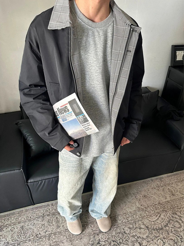 黑色格纹拼接假两件外套男生秋季翻领短款棒球服cleanfit飞行夹克|undefined