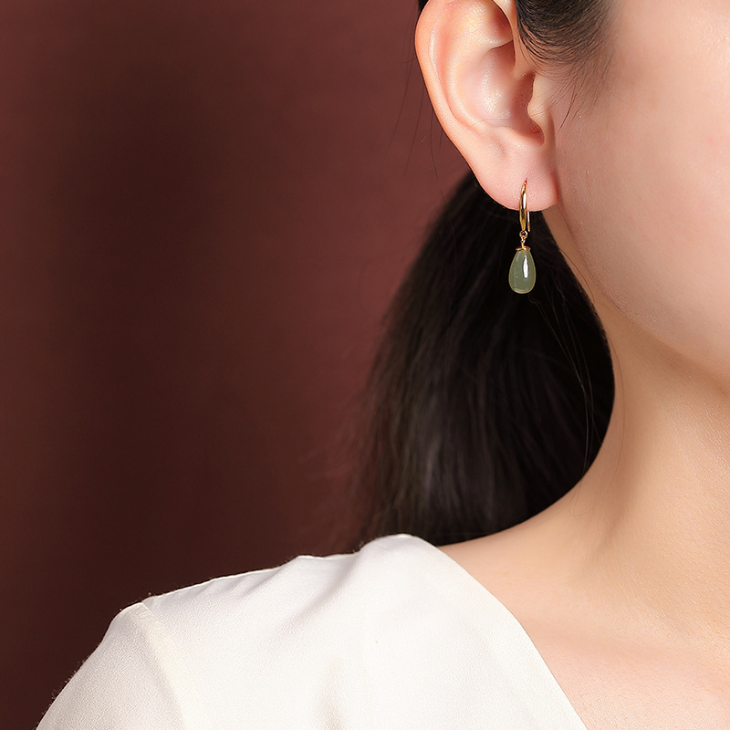 Khuyên tai nữ bạc S925 mạ vàng đính đá sodalite hình giọt nước phong cách cổ điển — Mẫu bạc