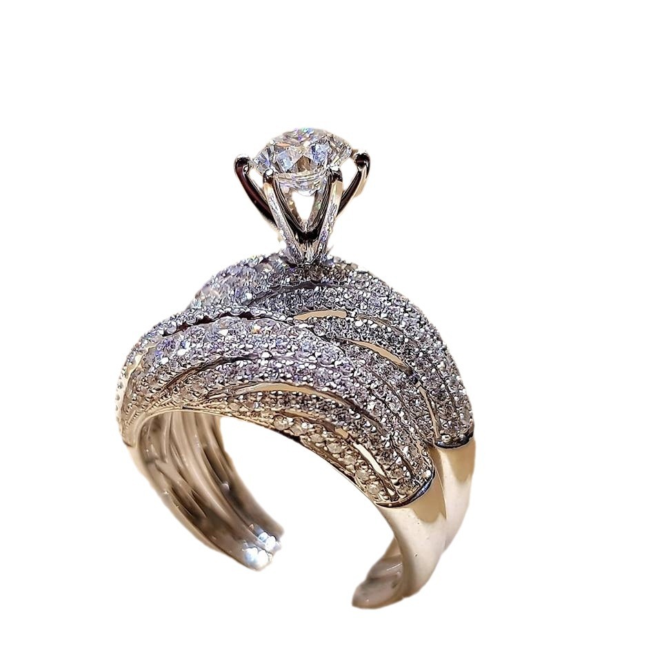 Sanjie deseo Venta caliente diamante completo doble capa simulación diamante conjunto anillo femenino eBay nuevo plateado S925 anillo de compromiso de plata