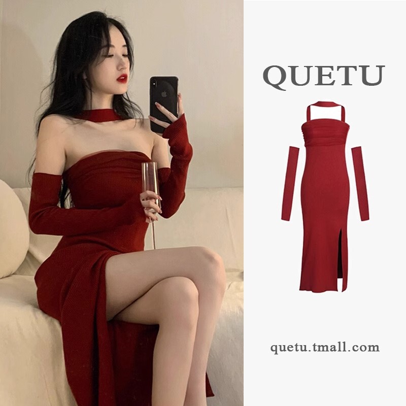 Tube Top Red Dress Hepburn Style Suit Light Luxury High-End Design Evening Dress New Women's Summer